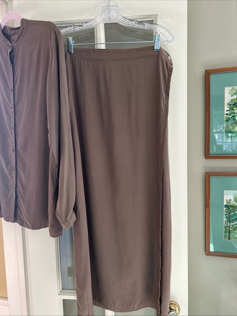EILEEN FISHER NY TAUPE 100% SILK LONG TUNIC WRAP SKIRT SUIT SZ S/M EXCELLENT - Picture 3 of 12